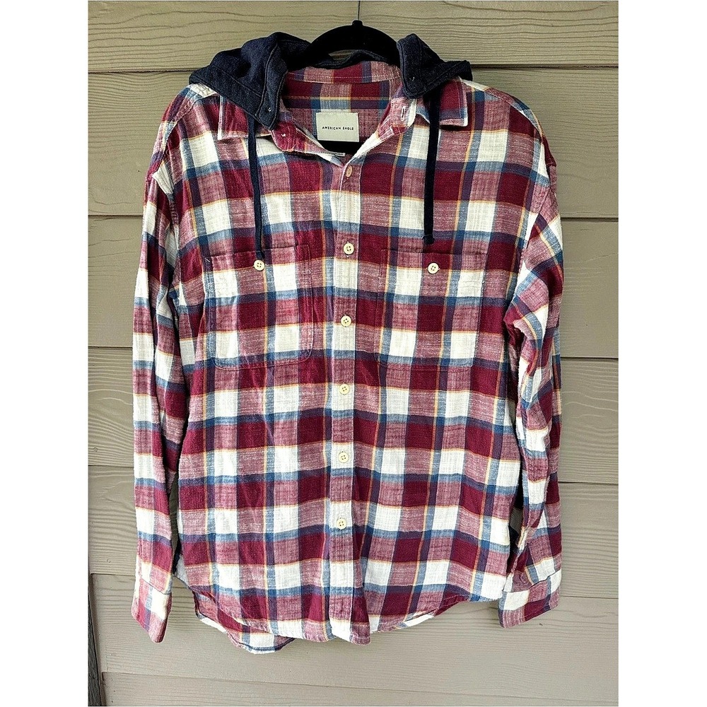 American Eagle AE Relaxed Fit Hooded Flannel Plaid Red & Blue Small
